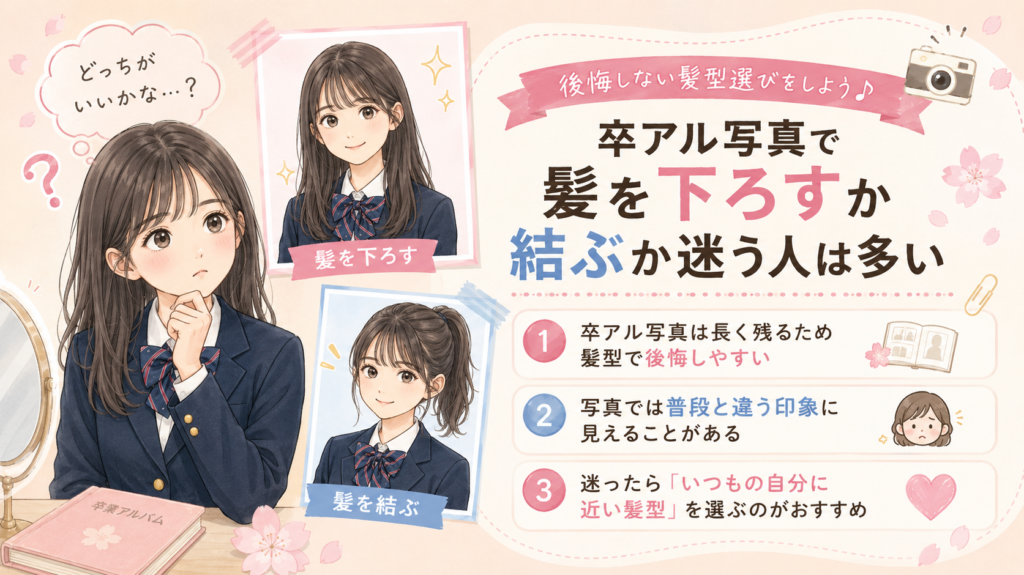 卒アル髪下ろすか結ぶか