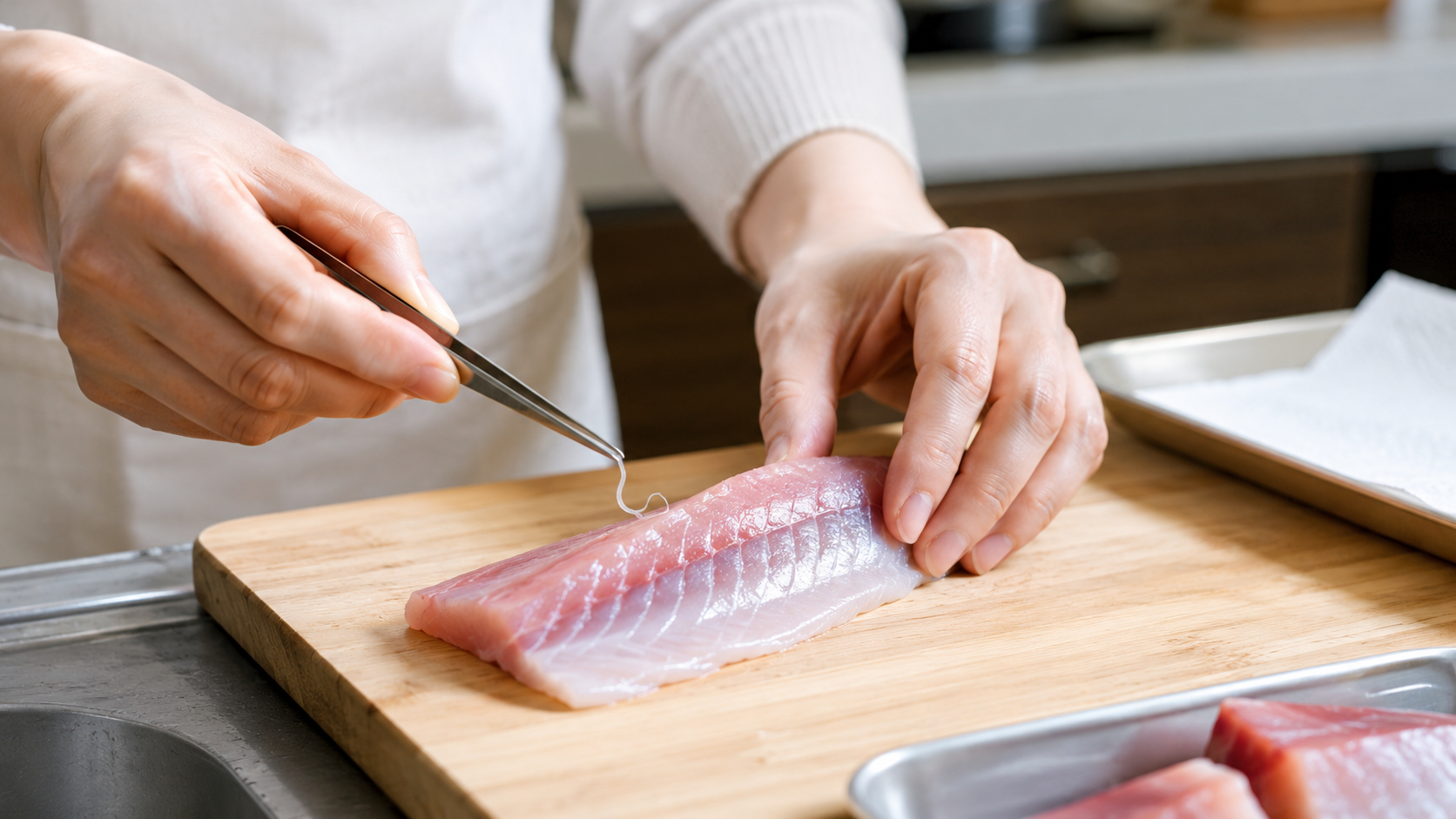 生魚の切り身から白い糸状のものをピンセットで取り除いている様子