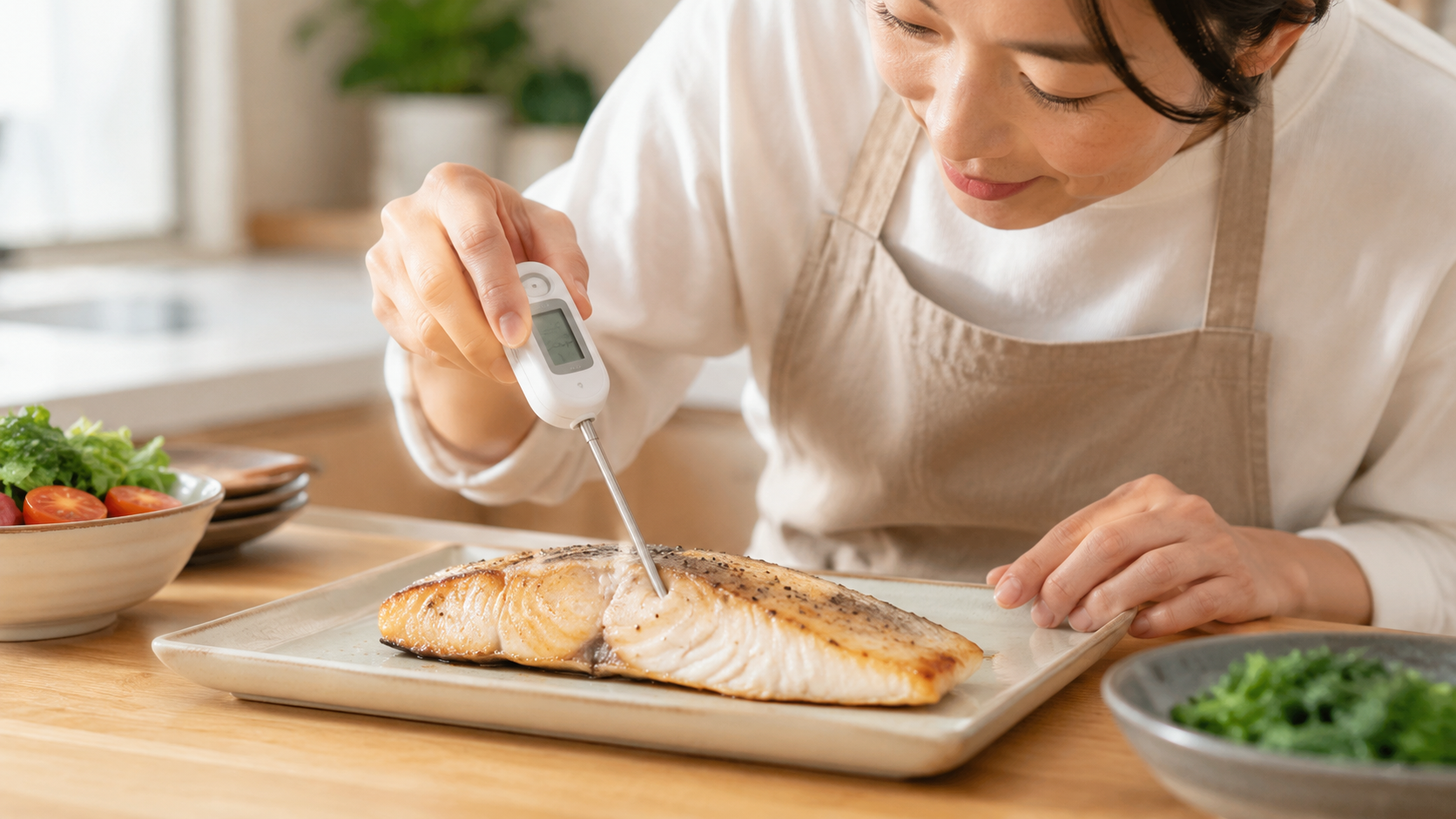 焼き魚の中心温度を料理用温度計で確認している様子
