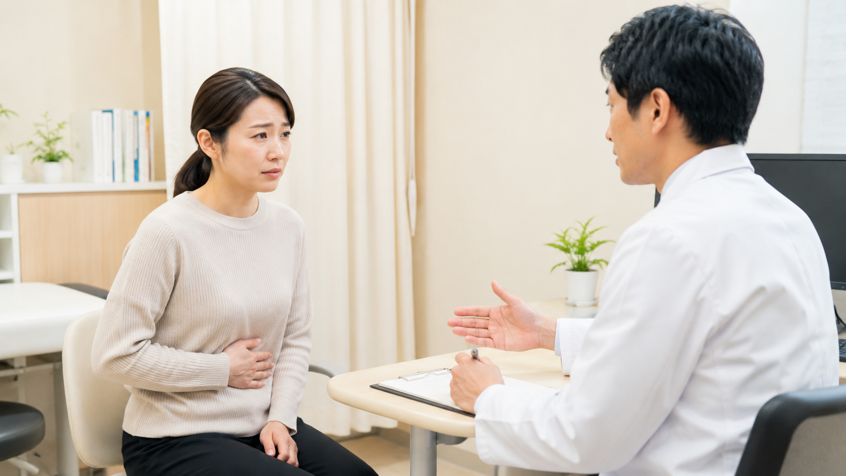 魚介類を食べた後の腹痛について医師に相談している様子